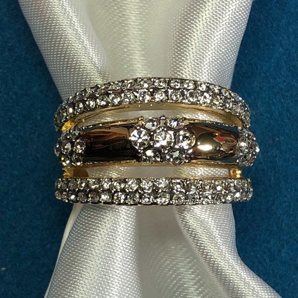 Gold Crystal Wide Band Ring Flower Pave 3 Row Stacked Sz 7 Camille Lucie France
